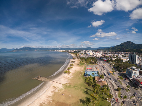 Aerial view of the edge of the city of Caraguatatuba on the southeast coast of Brazil