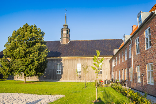 Back of the historic Moravian church in Christiansfeld, Denmark