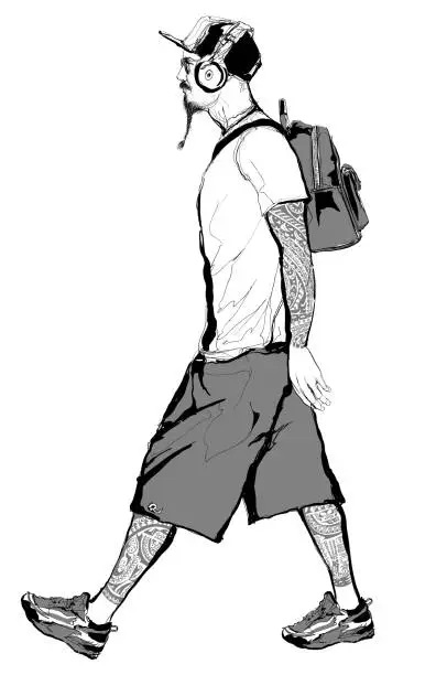 Vector illustration of Tattooed hipster boy with cap and headphone walking listening music