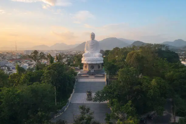 Drone view of White Buddha statue on Long Son pagoda in Nha Trang city, Khanh Hoa province, central Vietnam