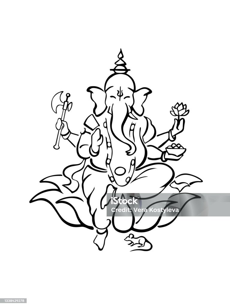 Ganesha Hindu God Of Beginnings And Wisdom Sitting On Lotus Flower ...