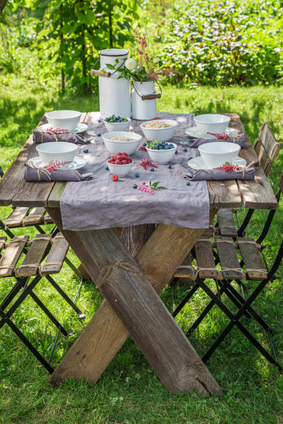 istock Fresh breakfast with granola and berries. Table in sunny garden. 1338431237