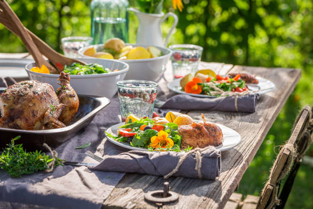 istock Tasty dinner with chicken served in garden. Chicken for dinner. 1338432899