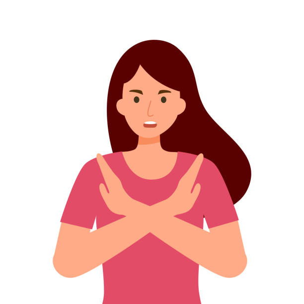 Woman refuse or reject hand gesturing in flat design on white background. No means no concept. vector art illustration