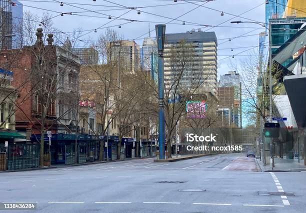 Empty And Deserted Melbourne City Street During Covid 19 Lockdown On Winters Day Stock Photo - Download Image Now