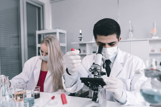istock Two scientists are working holding looking at test tube with sample in a chemistry lab scientist or young female and male researcher are doing investigations in Laboratory analysis background 1338436364