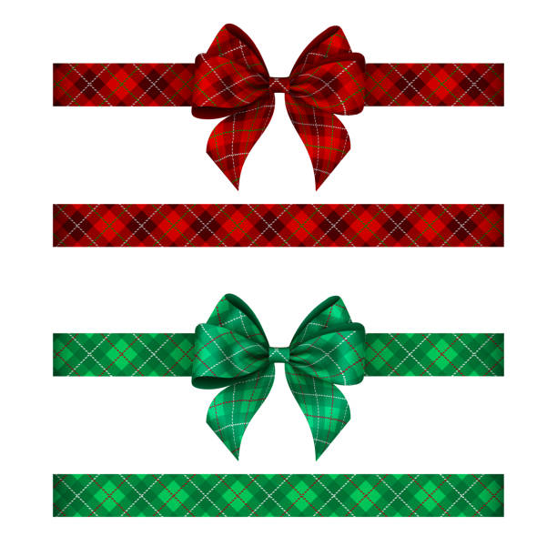 ilustraciones, imágenes clip art, dibujos animados e iconos de stock de lazos de tartán verde y rojo con cintas - gift backgrounds bow cut out