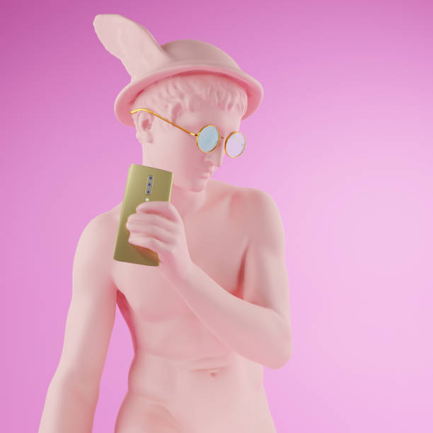 Funny illustration from 3d rendering sculpture Mercury in glasses holding smartphone.  On pink background.