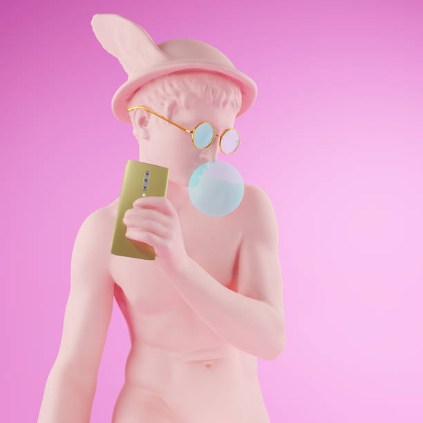 istock Funny illustration from 3d rendering sculpture Mercury glasses, blowing a pink chewing gum bubble.  On pink background. 1338439660