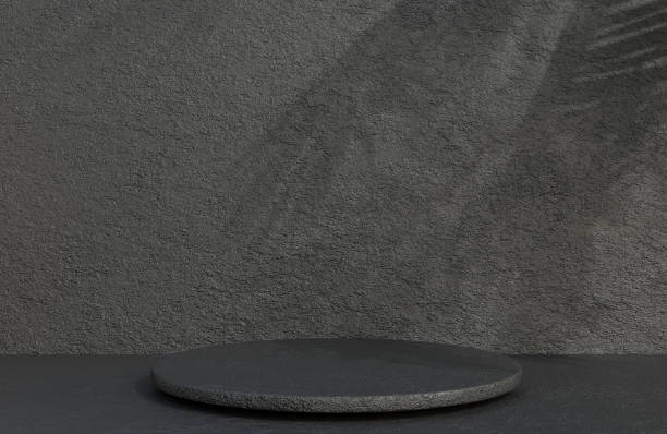 istock Black stone circle podium for product presentation on stone wall background luxury style.,3d model and illustration. 1338440280