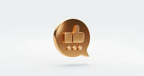 Photo of Three premium quality gold star rate icon symbol or customer review experience business service excellent feedback on best rating satisfaction background with flat design ranking sign. 3D rendering.