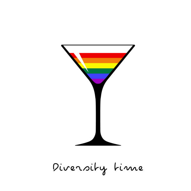 martiniglas, getränkeknisch mit aufschrift "diversity time". lgbt-cocktail. alkoholgetränkesymbol auf weißem hintergrund. - party hat cocktail time drink stock-grafiken, -clipart, -cartoons und -symbole