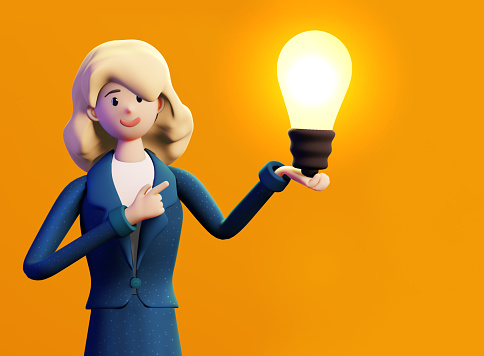 3D rendering illustration. Business woman holds light bulb as sumbol of having a new creatinve idea, fonding the way to solve the problem