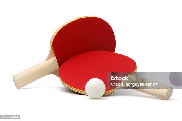 Two Red Pingpong Paddles And White Ball On White Ground Stock Photo - Download Image Now