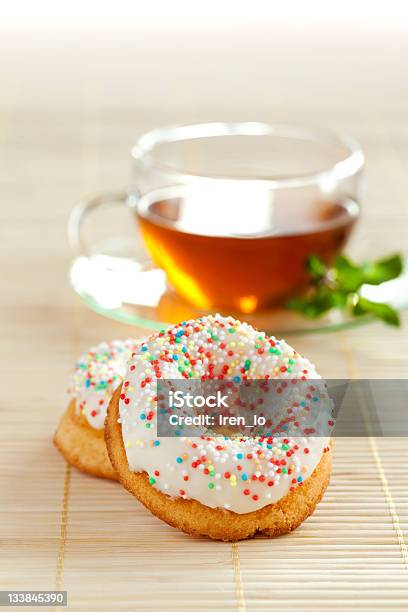 Cup Of Tea And Two Doughnuts Stock Photo - Download Image Now - Baked Pastry Item, Breakfast, Brioche