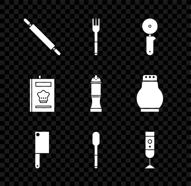 롤링 핀, 포크, 피자 나이프, 고기 헬기, 숟가락, 블렌더, 쿡북 및 후추 아이콘을 설정합니다. 벡터 - rolling fork stock illustrations