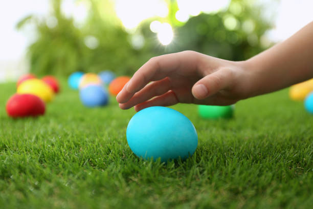 istock Little child taking Easter egg from green grass, closeup 1338459679