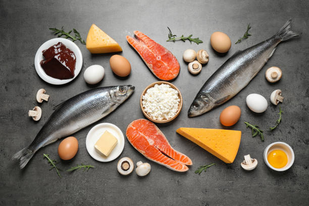istock Fresh products rich in vitamin D on grey table, flat lay 1338459865