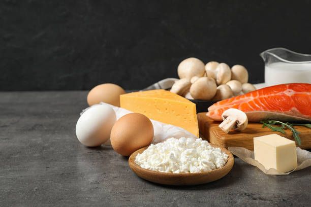 istock Fresh products rich in vitamin D on grey table 1338460862