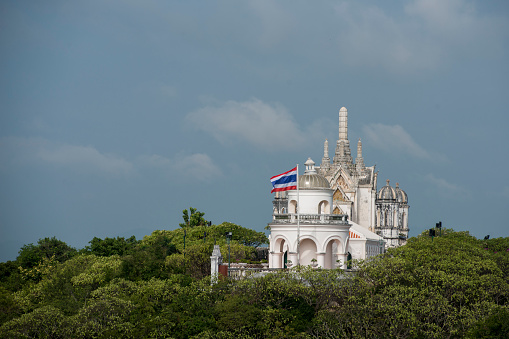 the architecture of the Phra Prang Daeng on the Phra Nakhon Khiri Historical Park on the Khao Wang Hill in the city of Phetchaburi or Phetburi in the province of Phetchaburi in Thailand.   Thailand, Phetburi, November, 2019