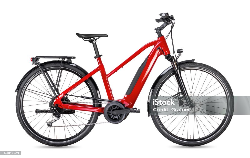 red modern mid drive motor city touring or trekking e bike pedelec with electric engine middle mount. battery powered ebike isolated white background. Innovation transportation concept. red modern mid drive motor city touring or trekking e bike pedelec with electric engine middle mount. battery powered ebike isolated on white background. Innovation transportation concept. Electric Bicycle Stock Photo