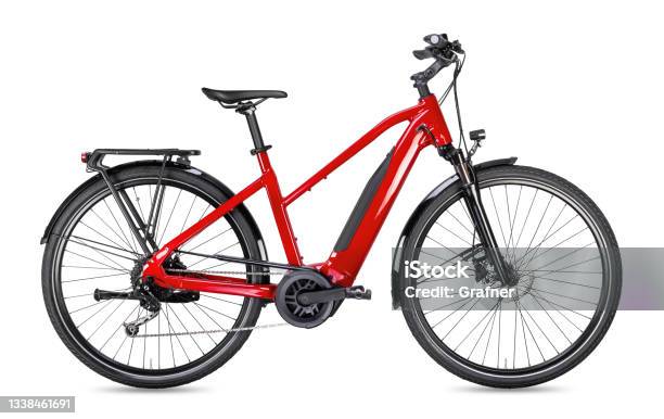 Red Modern Mid Drive Motor City Touring Or Trekking E Bike Pedelec With Electric Engine Middle Mount Battery Powered Ebike Isolated White Background Innovation Transportation Concept Stock Photo - Download Image Now