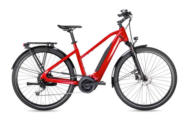 red modern mid drive motor city touring or trekking e bike pedelec with electric engine middle mount. battery powered ebike isolated white background. innovation transportation concept. - electric bicycle imagens e fotografias de stock