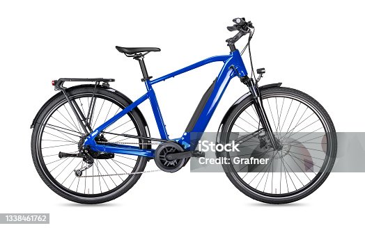 istock blue modern men´s mid drive motor city touring or trekking e bike pedelec with electric engine middle mount. battery powered ebike isolated white background. Innovation transportation concept. 1338461762