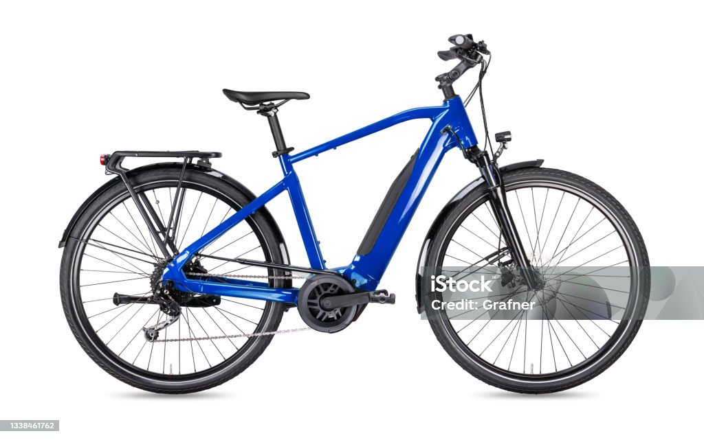 blue modern men´s mid drive motor city touring or trekking e bike pedelec with electric engine middle mount. battery powered ebike isolated white background. Innovation transportation concept. blue modern men´s mid drive motor city touring or trekking e bike pedelec with electric engine middle mount. battery powered ebike isolated on white background. Innovation transportation concept. Electric Bicycle Stock Photo
