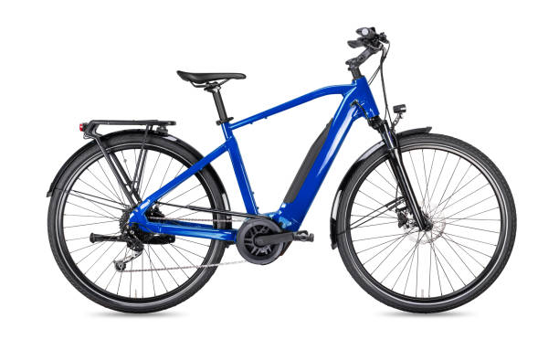 blue modern men´s mid drive motor city touring or trekking e bike pedelec with electric engine middle mount. battery powered ebike isolated white background. Innovation transportation concept. stock photo