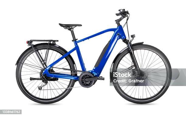 Blue Modern Mens Mid Drive Motor City Touring Or Trekking E Bike Pedelec With Electric Engine Middle Mount Battery Powered Ebike Isolated White Background Innovation Transportation Concept Stock Photo - Download Image Now