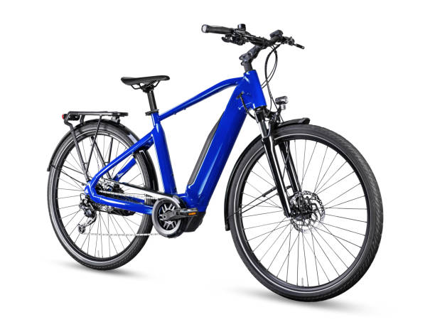 blue modern mens mid drive motor city touring or trekking e bike pedelec with electric engine middle mount. battery powered ebike isolated white background. Innovation transportation concept. stock photo