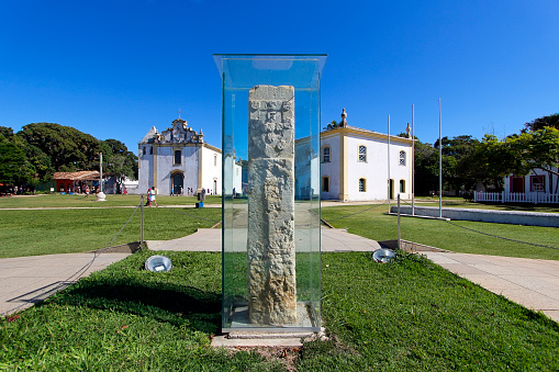 Porto Seguro, Bahia, Brazil - July 18, 2021: View of the historic landmark and characteristic architecture in the upper city of Porto Seguro
