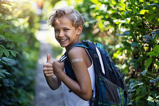 Portrait of a 12 years old teenage boy wearing adhesive bandage going to school. The boy has been vaccinated with COVID-19 vaccine.
Shot with Canon R5