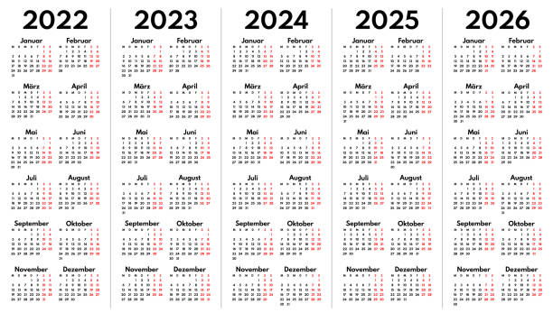 illustrations, cliparts, dessins animés et icônes de 2022 2023 2024 2025 2026 années complètes grilles de calendrier en langue allemande, disposition verticale - calendrier 2024