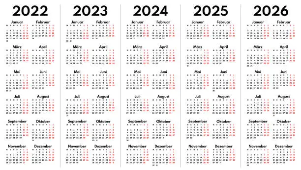 Vector illustration of 2022 2023 2024 2025 2026 full years german language calendar grids, vertical layout