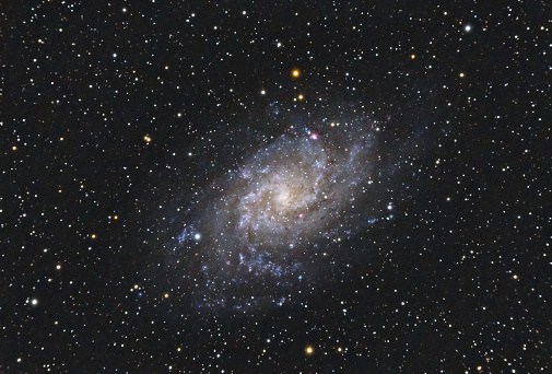 The Triangulum Galaxy M33  in the constellation Triangulum with Nebula ,Open Cluster,Globular Cluster and stars, as seen from Tuscany, Italy with a refracting telescope and a cooled camera