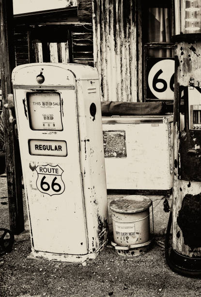 Hackberry, Arizona, USA - May 19, 2016 : Retro gas pump and a rusty coca-cola sign  on historic Route 66 in Arizona
