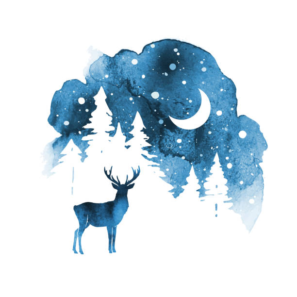 ilustrações de stock, clip art, desenhos animados e ícones de vector silhouette of reindeer. watercolor winter landscape with isolated animal, sky,  moon and forest in blue color. christmas design - christmas christmas tree snow illustration and painting