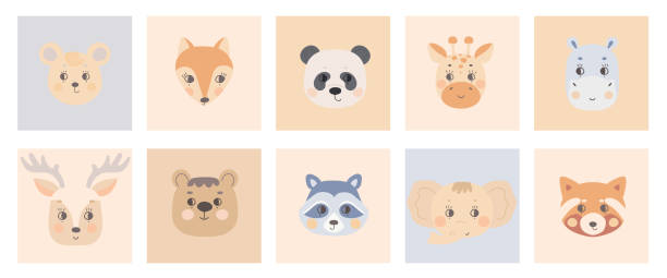 Cute simple animal faces on colorful backgrounds. Portrait of a cartoon funny deer, raccoon, red panda,giraffe, elephant, bear, hippo, mouse, fox. Vector for baby clothes, nursery, kid posters. Cute simple animal faces on colorful backgrounds. Portrait of a cartoon funny deer, raccoon, red panda,giraffe, elephant, bear, hippo, mouse, fox. Vector for baby clothes, nursery, kid posters. red panda small panda raccoon family stock illustrations