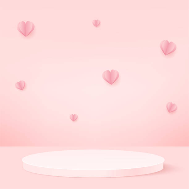 istock Products display 3d background podium scene with flying hearts and pink shape geometric platform. Vector illustration. 1338475918