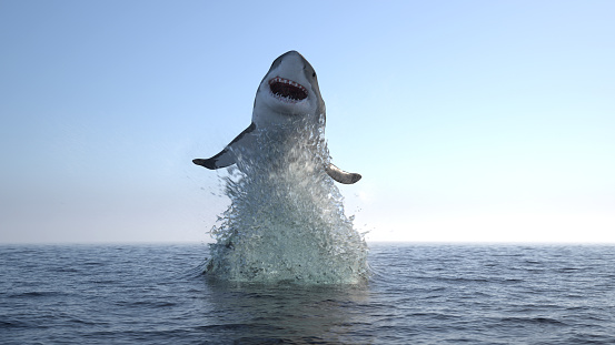 Great white shark jump out of water 3d illustration