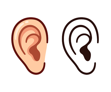 Cartoon human ear icon, simple line drawing. Color and black and white outline. Isolated vector clip art illustration.