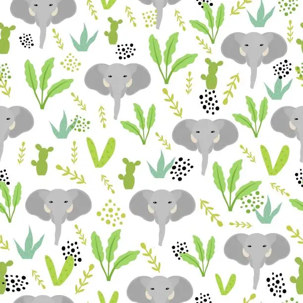 Vector illustration of vector pattern design with elephant head and green plant