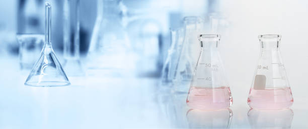 istock pink solution in glass flask in chemistry science research lab white blue banner background 1338477636