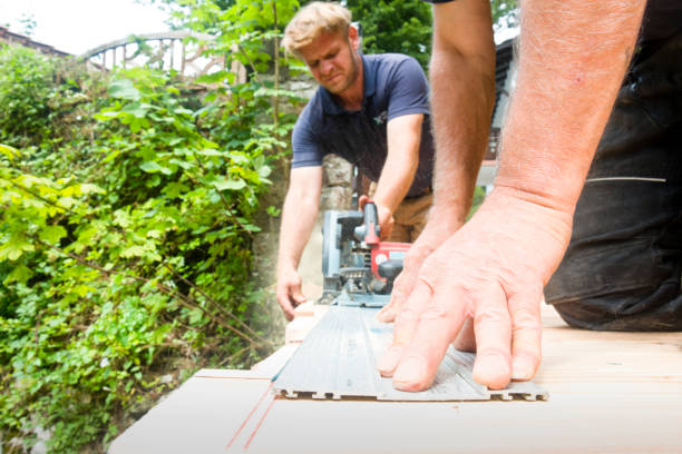 istock Two carpenters cutting off boards on a new boardwalk 1338477707