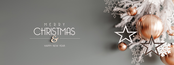 Christmas decoration with happy New Year text on gray background 3D Rendering, 3D Illustration