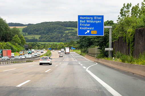 Traffic on german Autobahn A7 nearby Homberg (Efze) in Hesse.