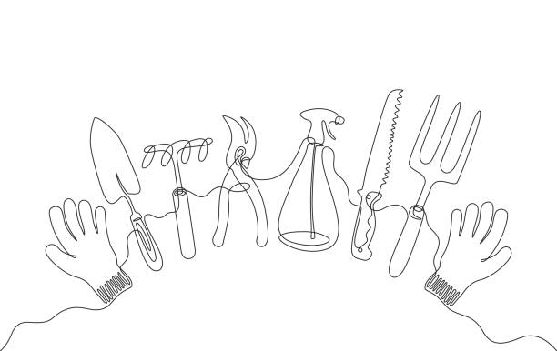 Single line garden instruments A continuous line drawing of garden instruments, a set of various gardening hand tools with gloves in minimal single line style, horticulture inventory isolated on white garden feature stock illustrations