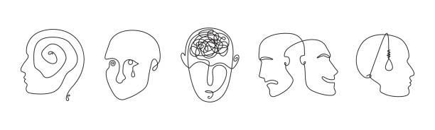 Mental disorder single line Continuous line drawing mental disorder vector icons, abstract concepts of various psychic health problems one line technique, human heads sketches showing personality disorders or mental illnesses hysteria stock illustrations